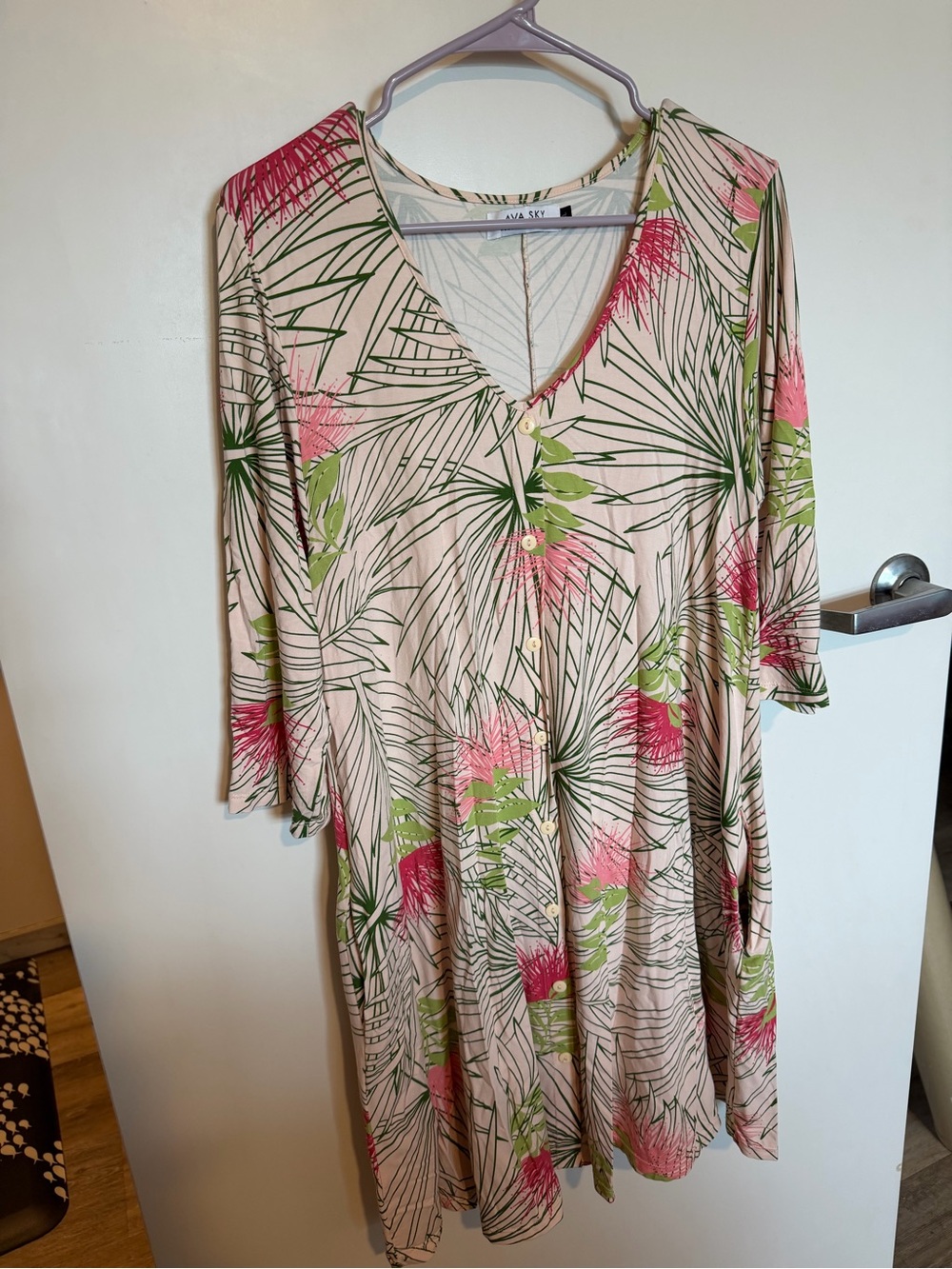 Ava Sky Pink Tropical-Print V-Neck Button Front Dress